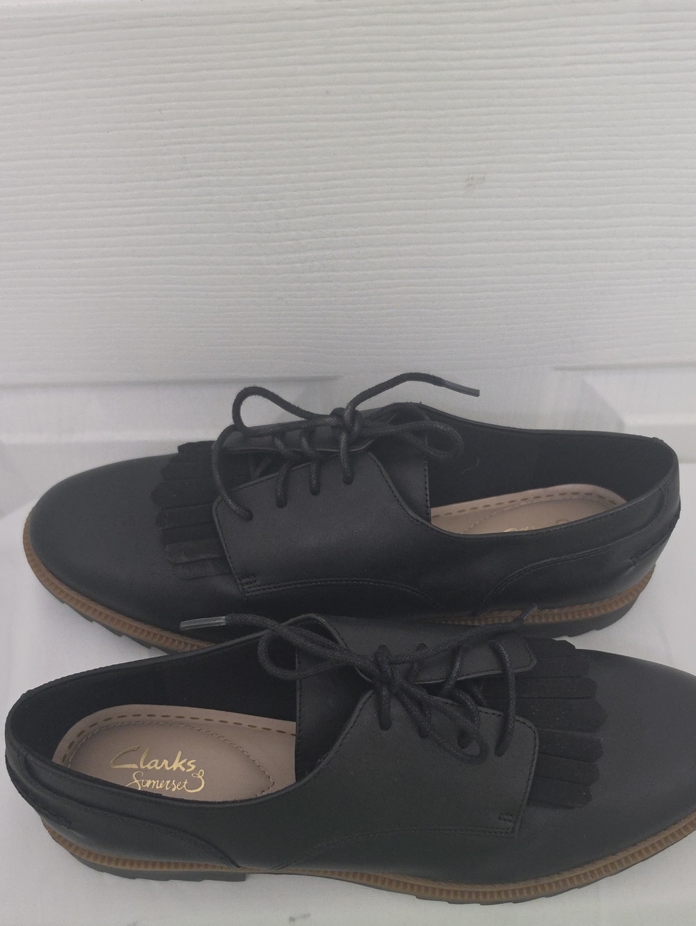 Clarks Black Leather Kiltie Lace-Up Flats